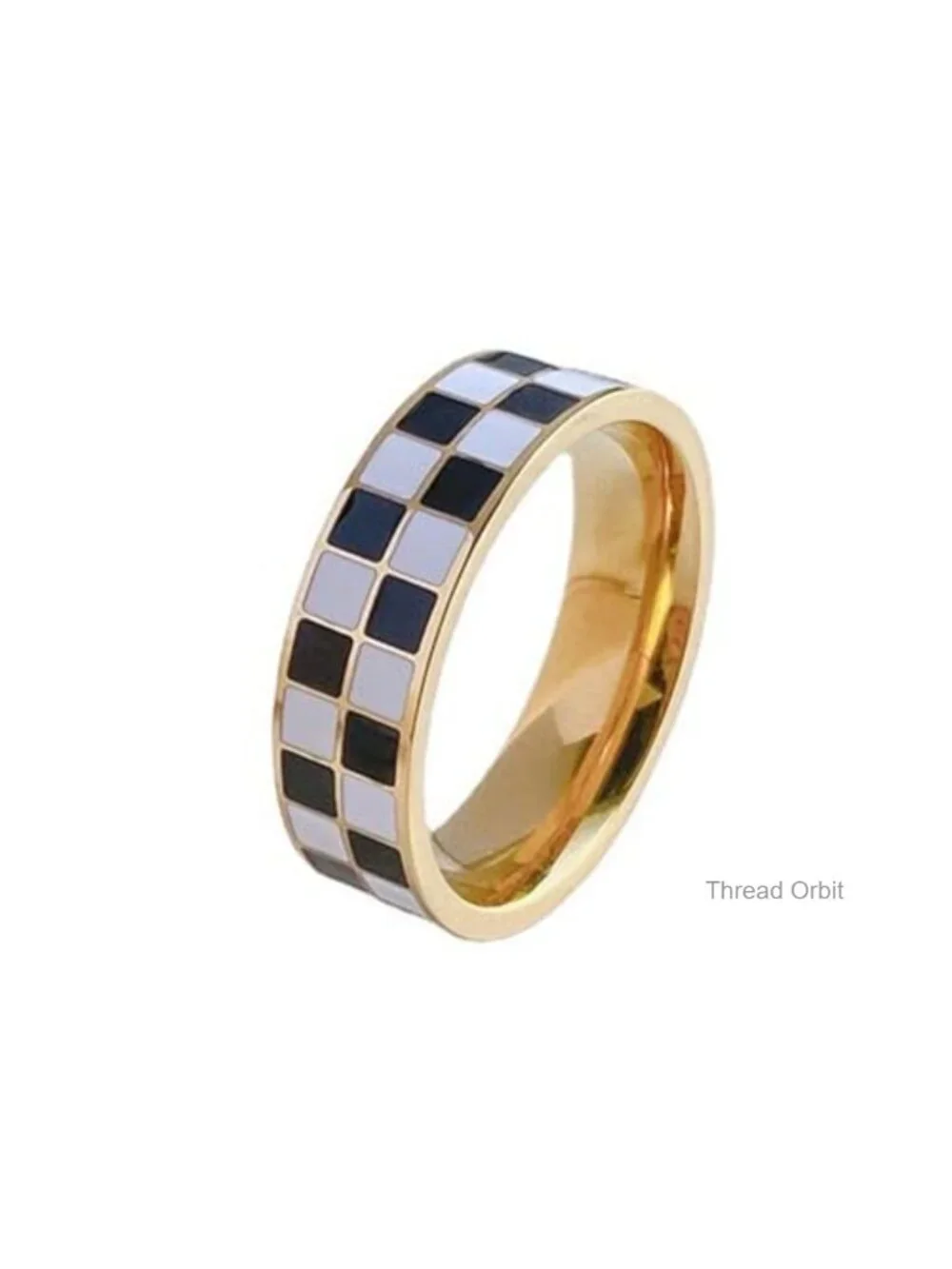 Checkerboard Band Ring 6mm Chunky Minimalist Stainless Steel Gold Plated
